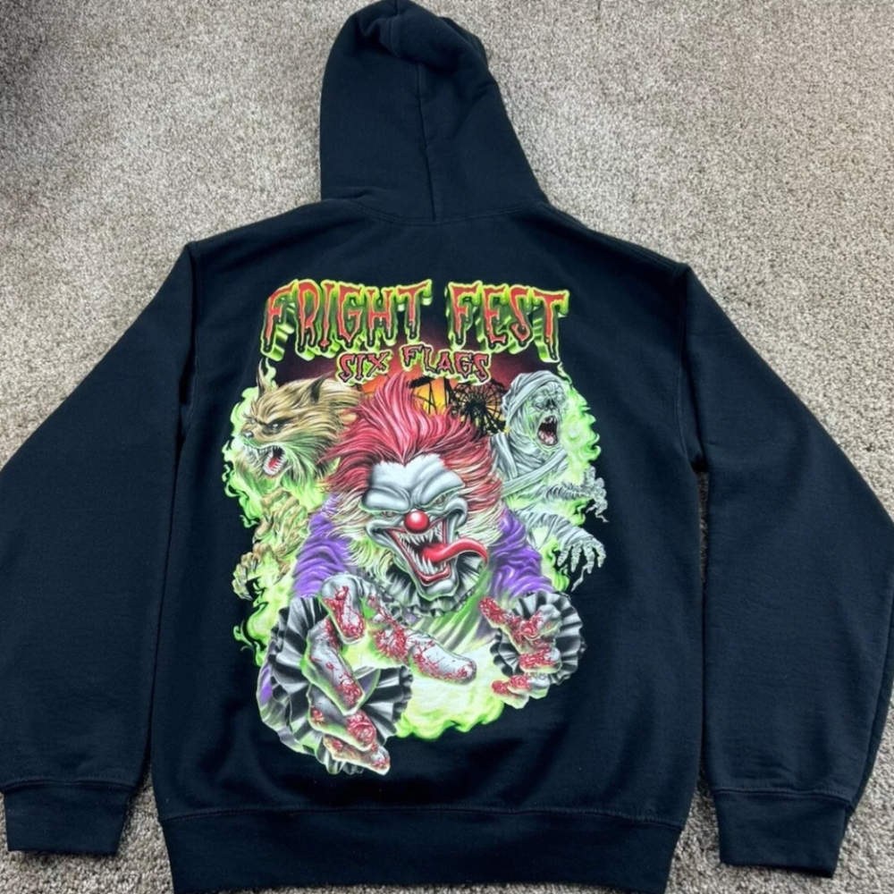 Fright fest six flags Clowns double sided Black hoodie size Medium